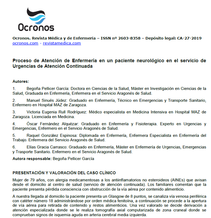 ▷ Proceso de Atención Enfermería en un paciente neurológico en el servicio  de Urgencias de Atención Continuada - Ocronos - Editorial Científico-Técnica