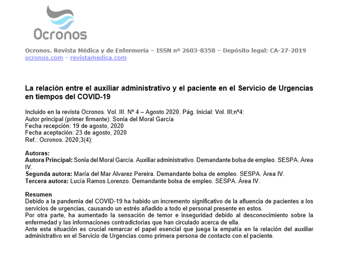 ▷ La relación entre el auxiliar administrativo y el paciente en el Servicio de Urgencias en del COVID-19 - Ocronos - Editorial Científico-Técnica