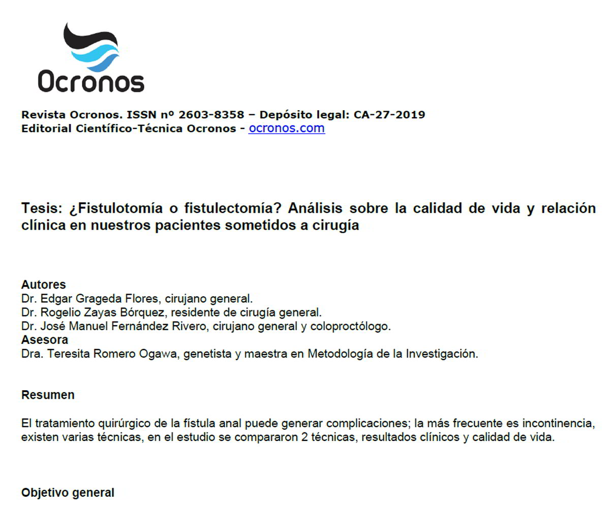 ▷ Tesis: ¿Fistulotomía o fistulectomía? Análisis sobre la calidad de vida y  relación clínica en nuestros pacientes sometidos a cirugía - Ocronos -  Editorial Científico-Técnica