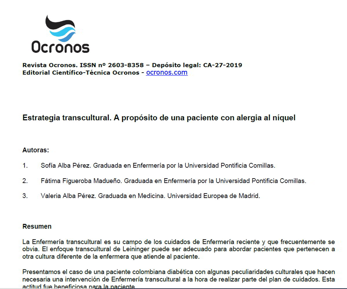 ▷ Estrategia transcultural. A propósito de una paciente con alergia al  níquel - Ocronos - Editorial Científico-Técnica